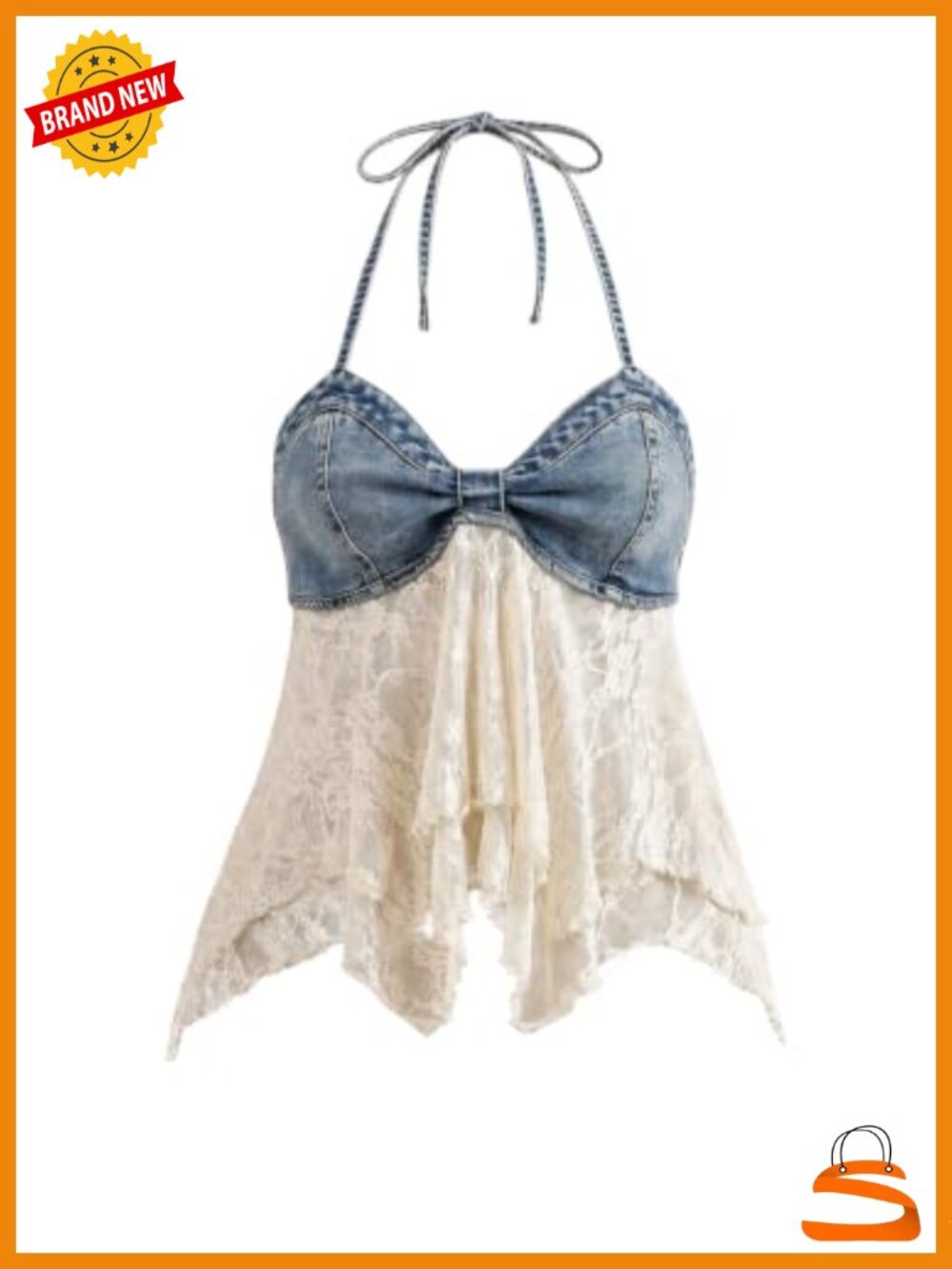 Lace Denim Halter Top Tie Backless Flowy Going Out Y2K